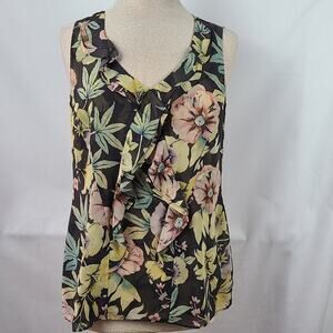 Cabi black multi floral print sleeveless ruffle neck top #3265 Small